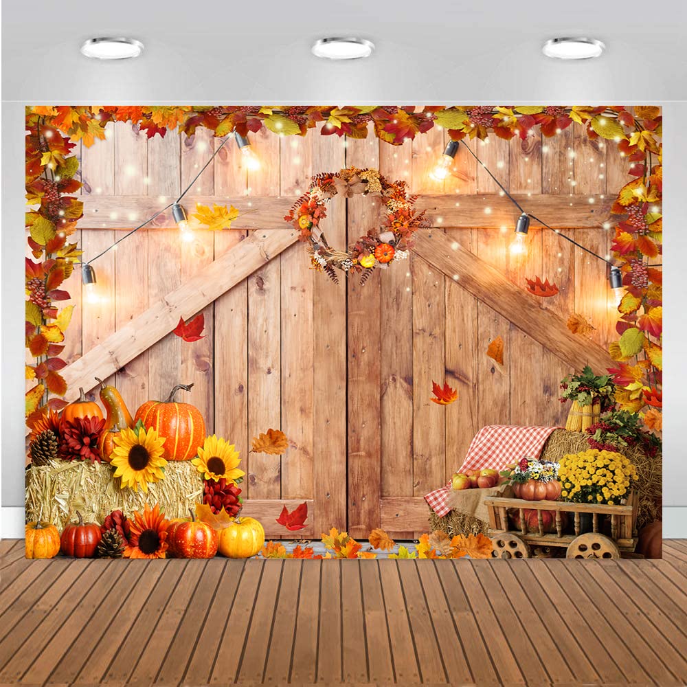 CHAIYA 7x5ft Thanksgiving Photography Backdrop Autumn Harvest Backdrop Thanksgiving Barn Door Backdrop Pumpkin Maple Leaves Sunflower Haystack Party Supplies Banner CY-237