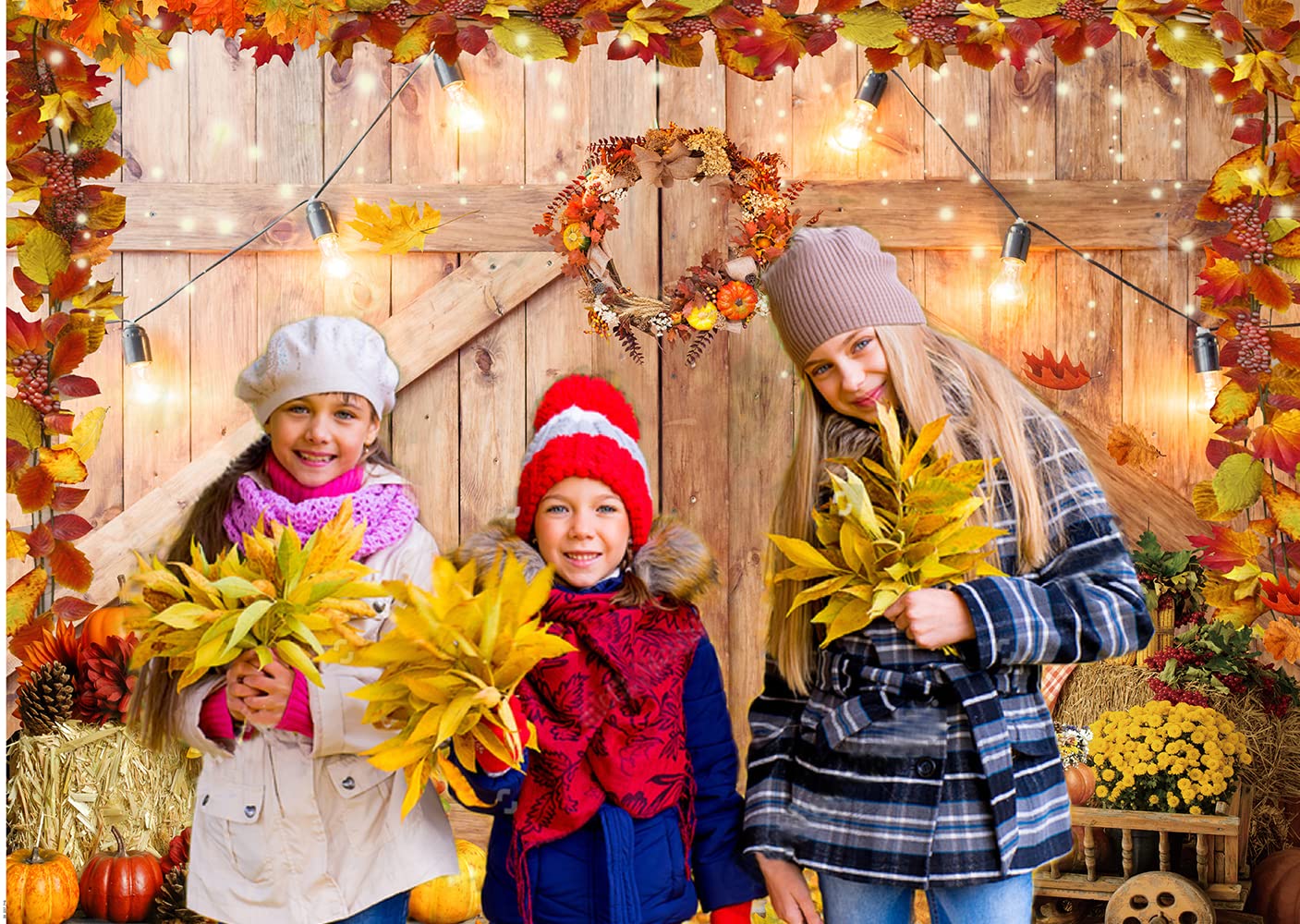 CHAIYA 7x5ft Thanksgiving Photography Backdrop Autumn Harvest Backdrop Thanksgiving Barn Door Backdrop Pumpkin Maple Leaves Sunflower Haystack Party Supplies Banner CY-237