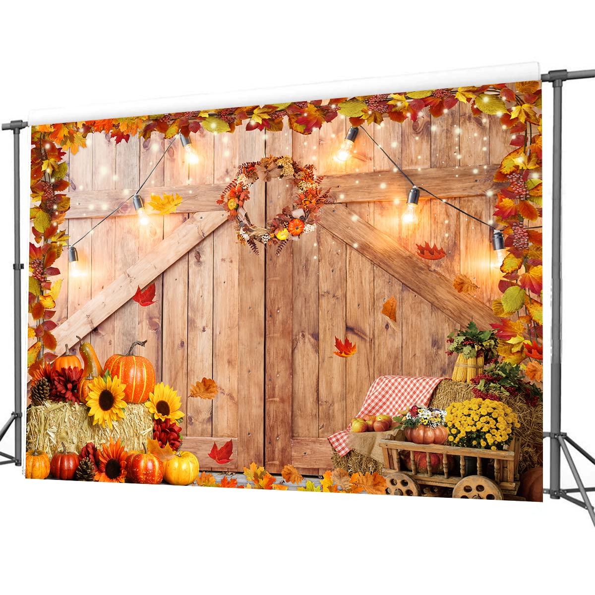 CHAIYA 7x5ft Thanksgiving Photography Backdrop Autumn Harvest Backdrop Thanksgiving Barn Door Backdrop Pumpkin Maple Leaves Sunflower Haystack Party Supplies Banner CY-237