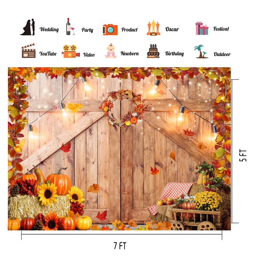 CHAIYA 7x5ft Thanksgiving Photography Backdrop Autumn Harvest Backdrop Thanksgiving Barn Door Backdrop Pumpkin Maple Leaves Sunflower Haystack Party Supplies Banner CY-237