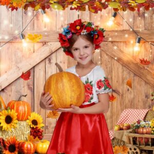 CHAIYA 7x5ft Thanksgiving Photography Backdrop Autumn Harvest Backdrop Thanksgiving Barn Door Backdrop Pumpkin Maple Leaves Sunflower Haystack Party Supplies Banner CY-237