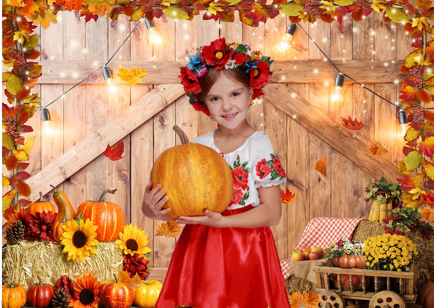 CHAIYA 7x5ft Thanksgiving Photography Backdrop Autumn Harvest Backdrop Thanksgiving Barn Door Backdrop Pumpkin Maple Leaves Sunflower Haystack Party Supplies Banner CY-237