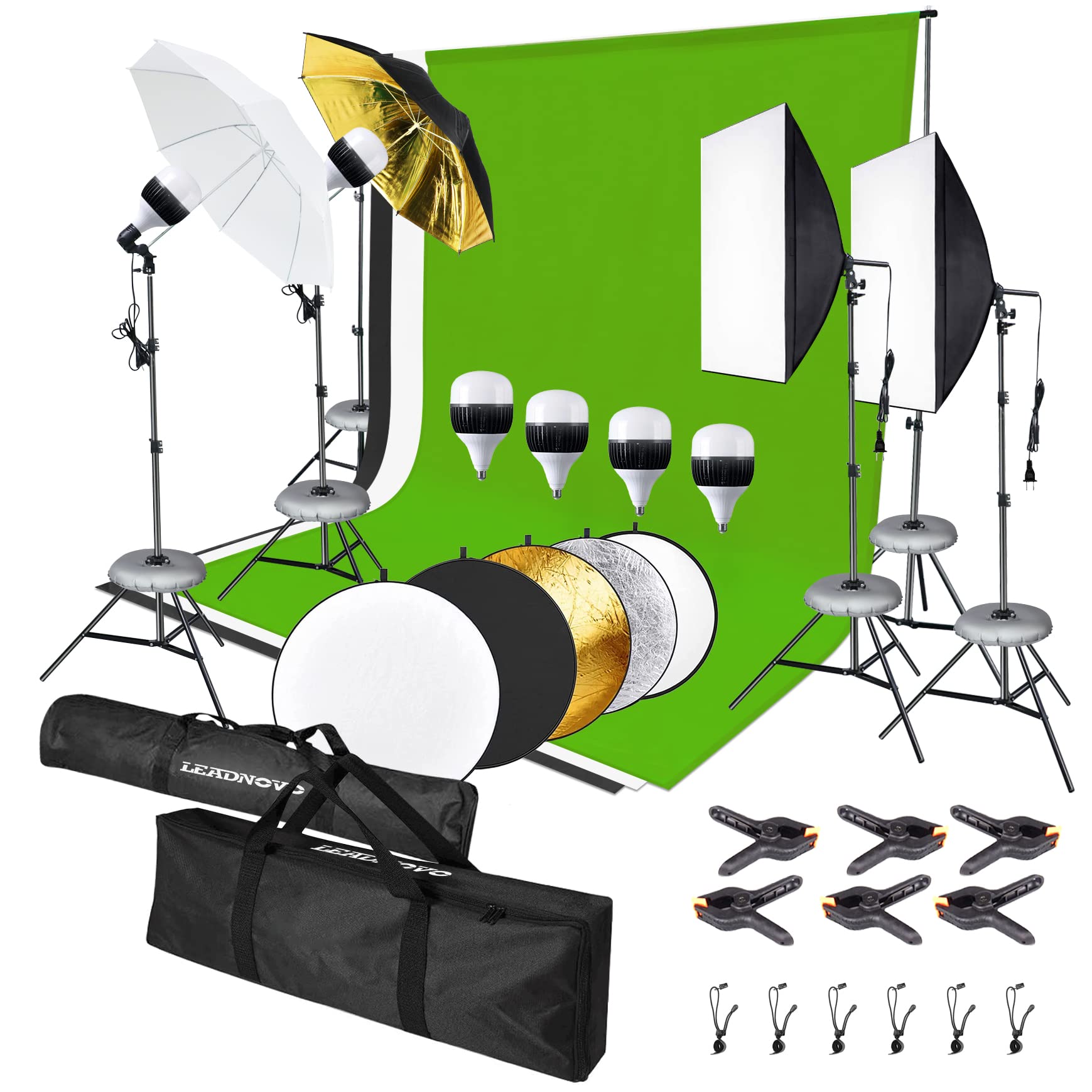 Photography Softbox Lighting Kit, 6.5 x 10ft Backdrop Stand System and E27 60W 5500K CFL Bulbs Softbox and Umbrellas Continuous Photo Lighting with Green/White/Black Backgrounds