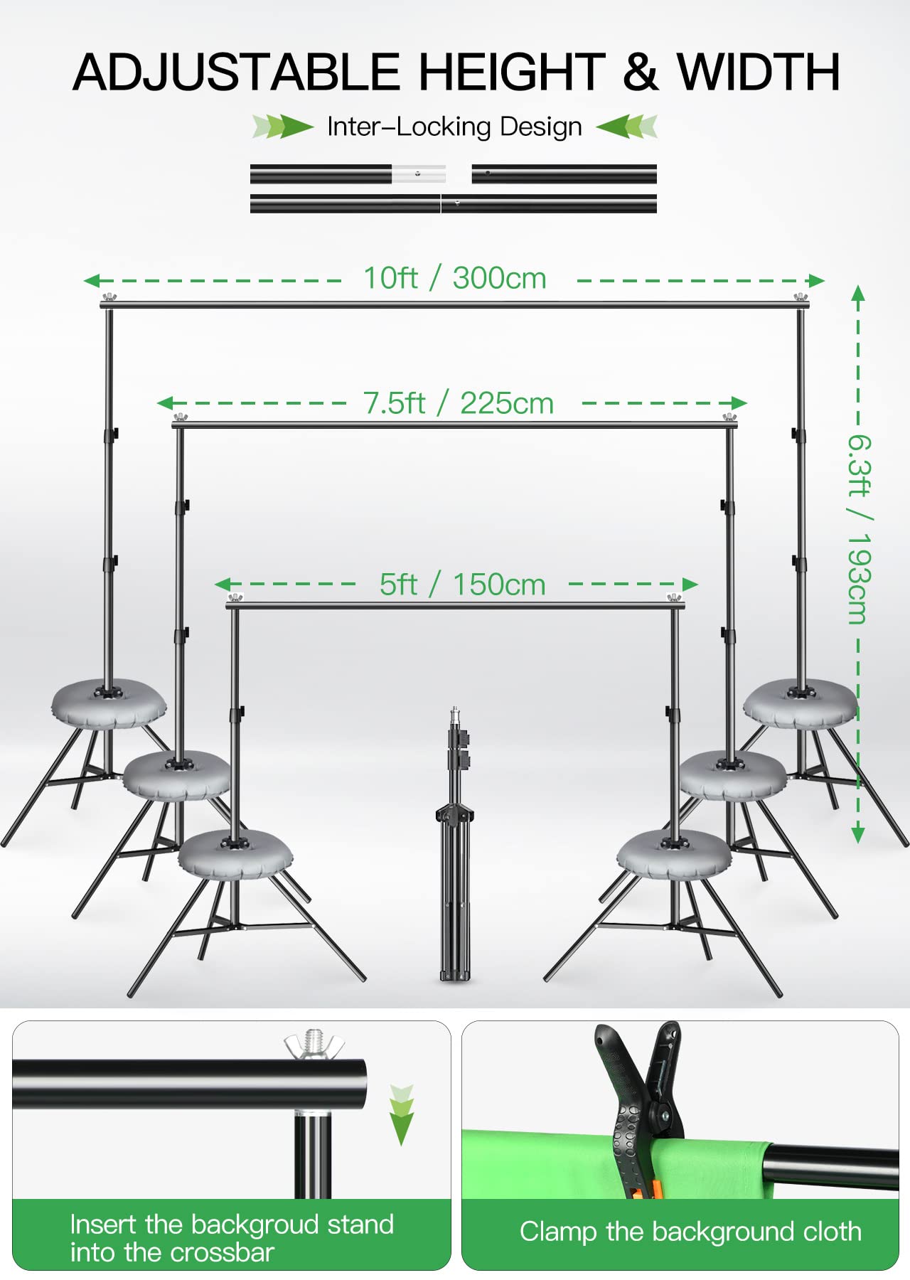 Photography Softbox Lighting Kit, 6.5 x 10ft Backdrop Stand System and E27 60W 5500K CFL Bulbs Softbox and Umbrellas Continuous Photo Lighting with Green/White/Black Backgrounds