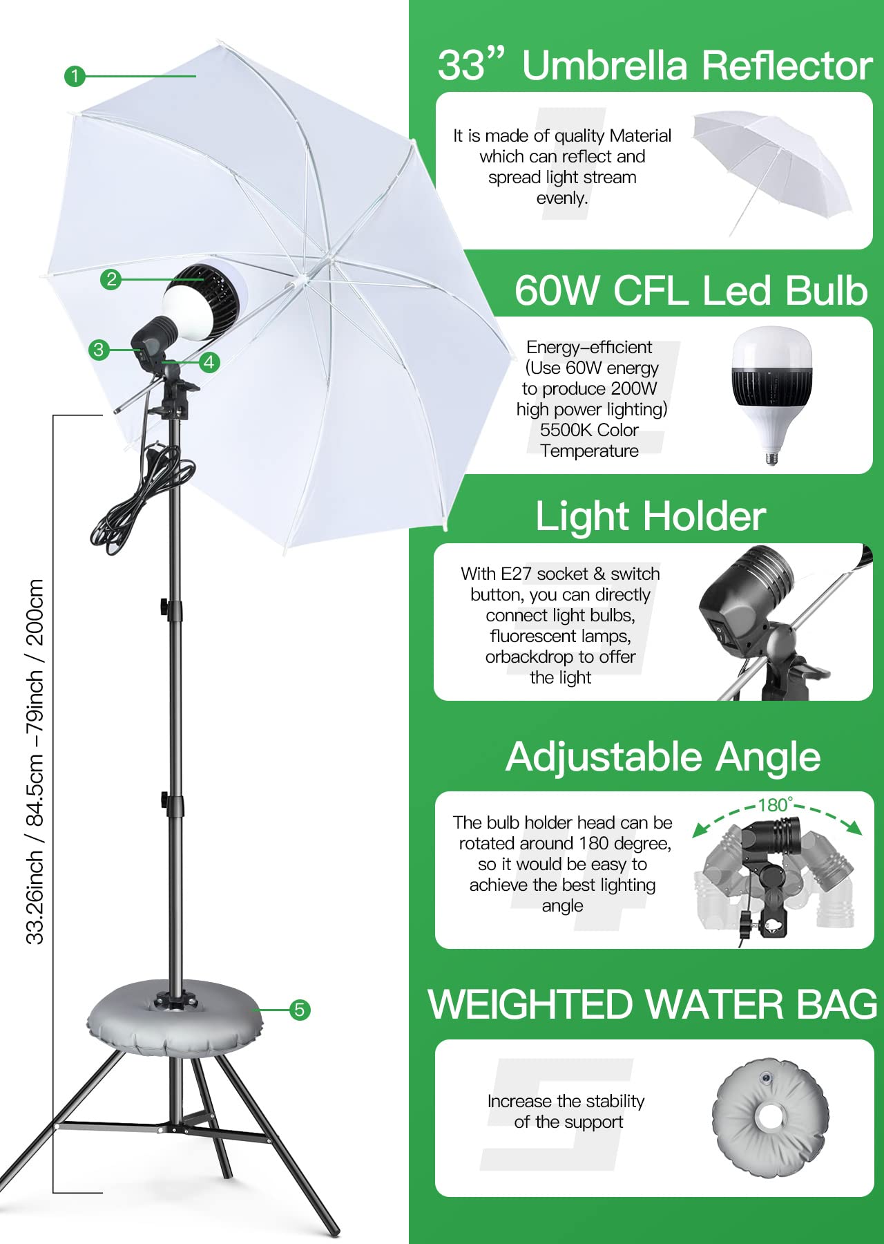 Photography Softbox Lighting Kit, 6.5 x 10ft Backdrop Stand System and E27 60W 5500K CFL Bulbs Softbox and Umbrellas Continuous Photo Lighting with Green/White/Black Backgrounds