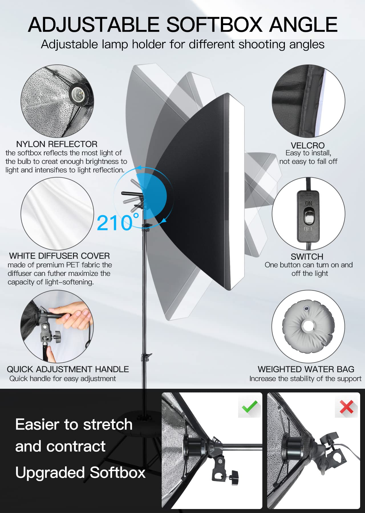 Photography Softbox Lighting Kit, 6.5 x 10ft Backdrop Stand System and E27 60W 5500K CFL Bulbs Softbox and Umbrellas Continuous Photo Lighting with Green/White/Black Backgrounds