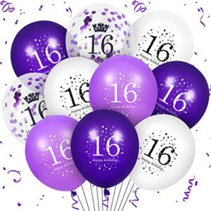 16th purple birthday balloons decorations, 16pcs purple white happy 16th birthday confetti latex balloons for girls boys happy birthday party wedding anniversary indoor outdoor party supplies,12 inch