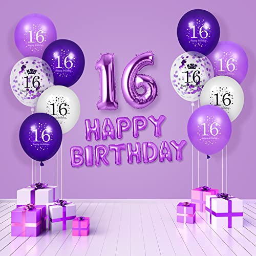 16th Purple Birthday Balloons Decorations, 16PCS Purple White Happy 16th Birthday Confetti Latex Balloons for Girls Boys Happy Birthday Party Wedding Anniversary Indoor Outdoor Party Supplies,12 Inch