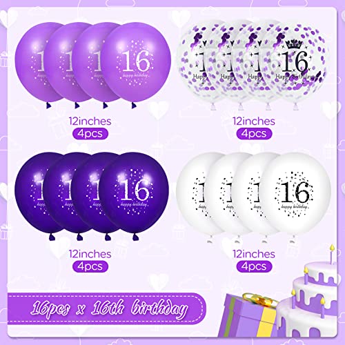 16th Purple Birthday Balloons Decorations, 16PCS Purple White Happy 16th Birthday Confetti Latex Balloons for Girls Boys Happy Birthday Party Wedding Anniversary Indoor Outdoor Party Supplies,12 Inch