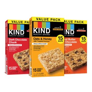 kind healthy grains bars, variety pack, dark chocolate chunk, oats & honey, peanut butter snacks, gluten free, 45 count