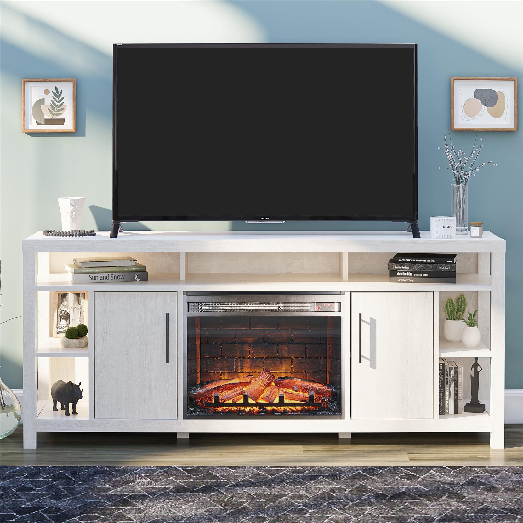 Ameriwood Home Garrick Electric Fireplace Console for TVs up to 75", Ivory Oak