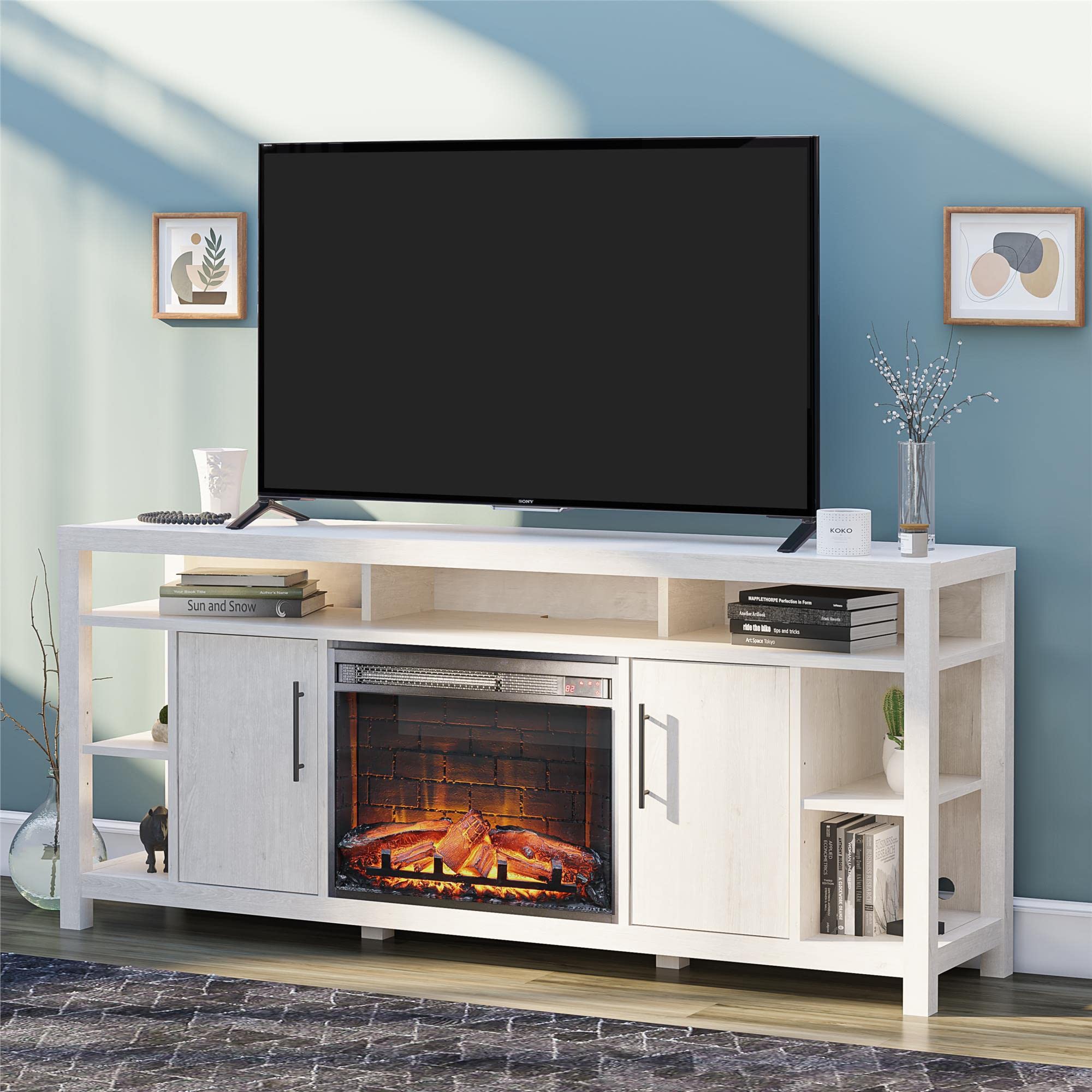 Ameriwood Home Garrick Electric Fireplace Console for TVs up to 75", Ivory Oak