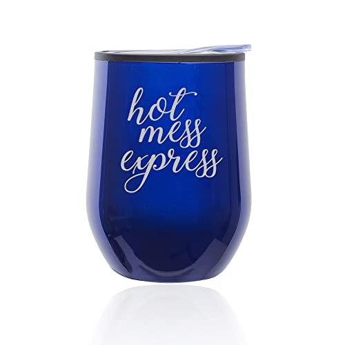 Stemless Wine Tumbler Coffee Travel Mug Glass with Lid Hot Mess Express Funny (Blue)