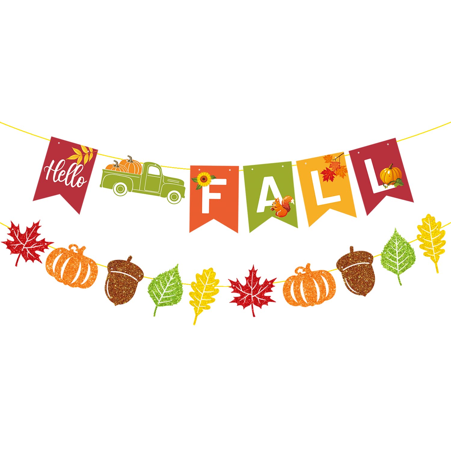 CAVLA Hello Fall Banner and Glittery Maple Leaves Pumpkin Acorns Patterns Banner Autumn Harvest Bunting Banner with Pumpkin Truck Signs Fall Thanksgiving Party Banner for Wall Mantel Fireplace Party