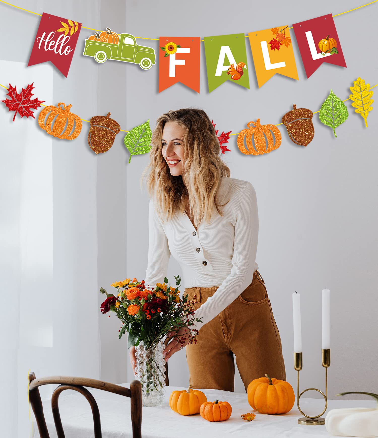 CAVLA Hello Fall Banner and Glittery Maple Leaves Pumpkin Acorns Patterns Banner Autumn Harvest Bunting Banner with Pumpkin Truck Signs Fall Thanksgiving Party Banner for Wall Mantel Fireplace Party