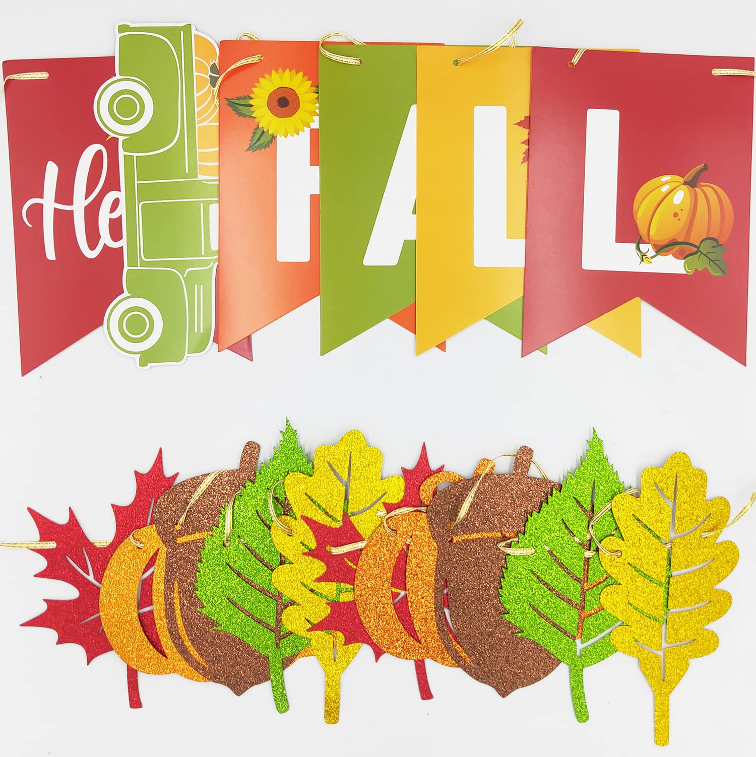 CAVLA Hello Fall Banner and Glittery Maple Leaves Pumpkin Acorns Patterns Banner Autumn Harvest Bunting Banner with Pumpkin Truck Signs Fall Thanksgiving Party Banner for Wall Mantel Fireplace Party