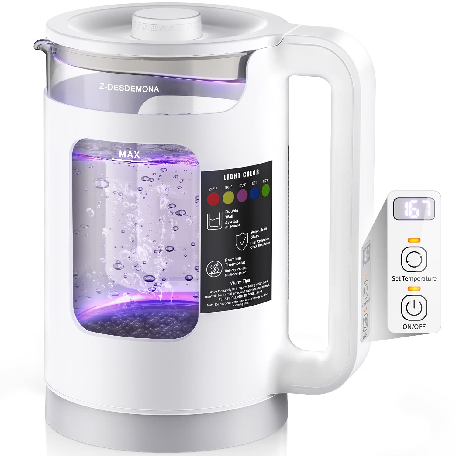 Electric Kettle, Intelligent Temp Control, One Wipe Clean, 5 LED Light Coffee Kettle Borosilicate Glass, 1500W Soft Sound Rapid Heating Water Kettle, BPA Free, 1.5L Window-Glass Double Wall Tea Kettle