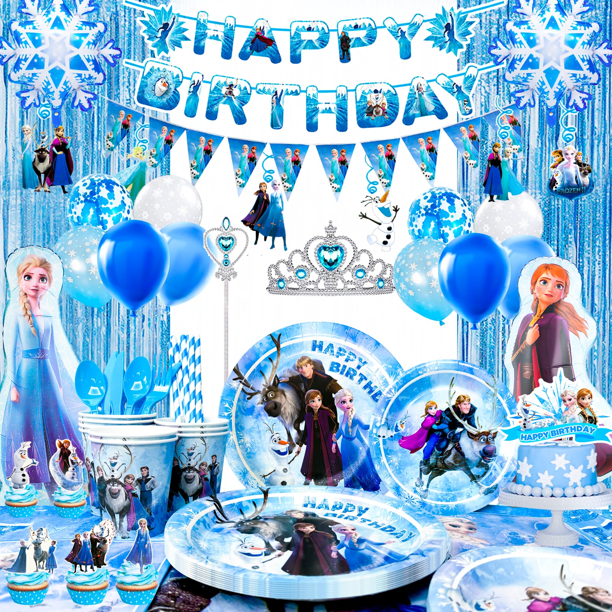 Frozen Birthday Party Supplies,145pcs Frozen Party Decorations&Tableware Set-Frozen Themed Birthday Banner Balloons&Frozen Party Plates Cup Tablecloth etc Anna and Elsa Birthday Decorations