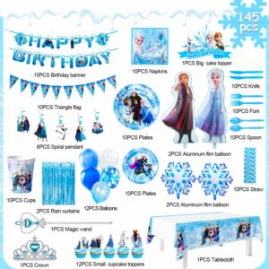 Frozen Birthday Party Supplies,145pcs Frozen Party Decorations&Tableware Set-Frozen Themed Birthday Banner Balloons&Frozen Party Plates Cup Tablecloth etc Anna and Elsa Birthday Decorations