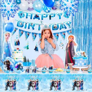 Frozen Birthday Party Supplies,145pcs Frozen Party Decorations&Tableware Set-Frozen Themed Birthday Banner Balloons&Frozen Party Plates Cup Tablecloth etc Anna and Elsa Birthday Decorations