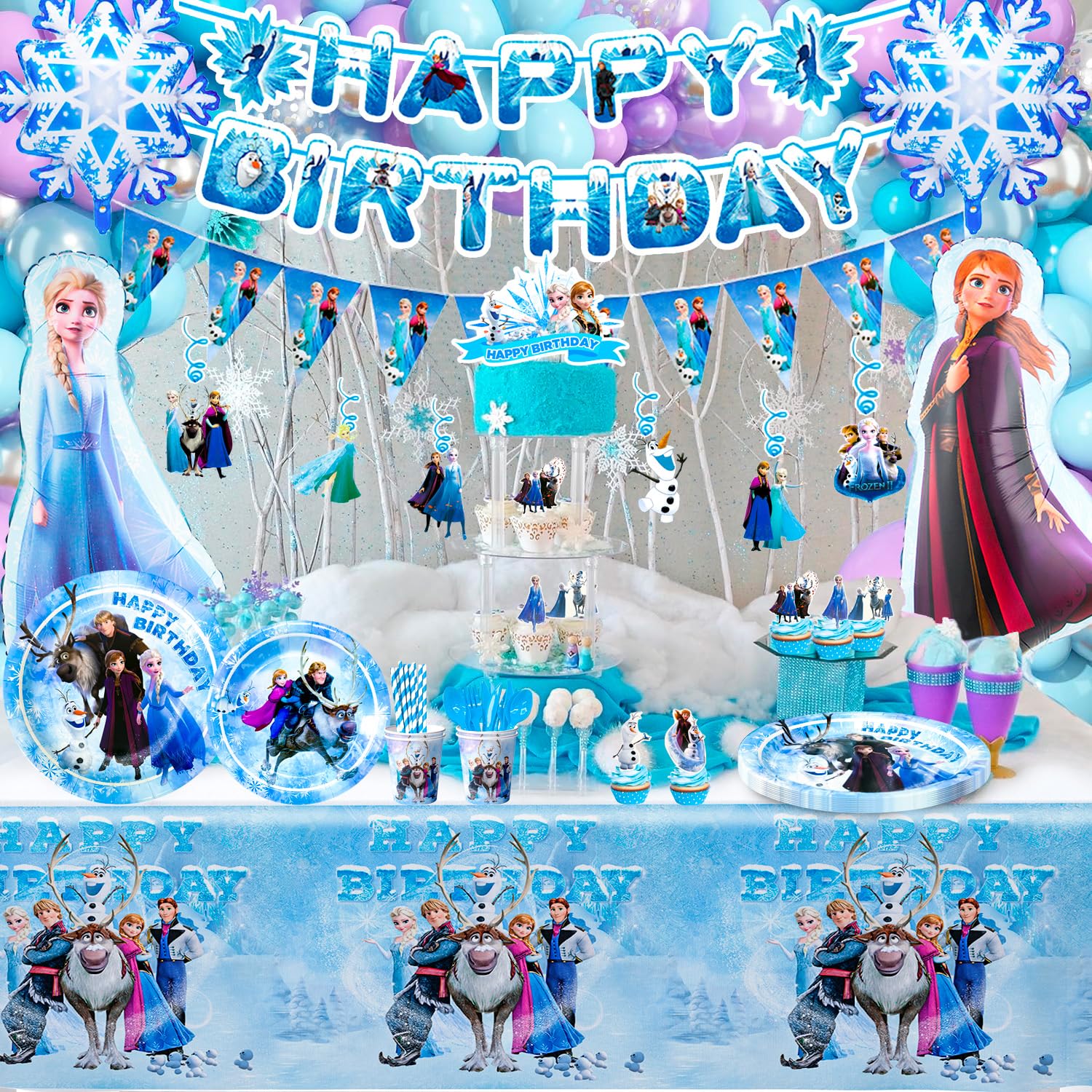 Frozen Birthday Party Supplies,145pcs Frozen Party Decorations&Tableware Set-Frozen Themed Birthday Banner Balloons&Frozen Party Plates Cup Tablecloth etc Anna and Elsa Birthday Decorations