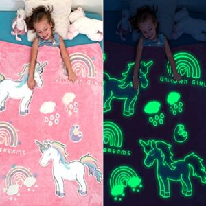 unicorn blanket - glow in the dark blanket for girls - fluffy pink unicorn throw blanket, plush blanket kids - unicorn bedding, unicorn gifts for girls, unicorn toys, blankets for girls 50" x 60"