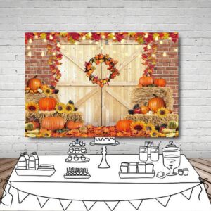 MEHOFOND Thanksgiving Fall Backdrop for Photography Autumn Pumpkin Baby Shower Decorations Thanksgiving Harvest Maple Leaves Sunflower Rustic Wood Background Party Supplies Photobooth Banner 7x5ft