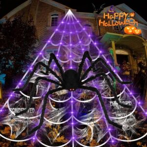 macting halloween spider web decorations outdoor, 16.4ft giant spider web lights & 79" large spider & 40 small black spiders & 40g stretch cobweb for scary outside house yard haunted mansion decor