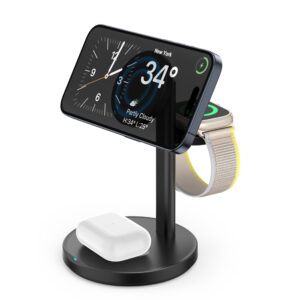 wireless charger, 3-in1 magnetic charging station fast wireless mag-safe charging stand (upgraded black)