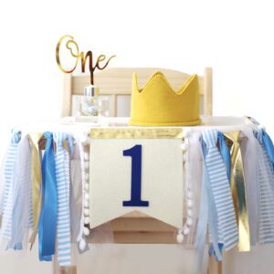 baby boy 1st birthday party decorations by innerspark, blue and gold set, ribbon high chair banner, birthday crown hat, gold cake topper