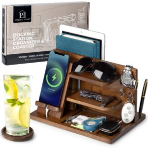 wooden docking station with laptop compartment & coaster! ash wood tray, bedside caddy nightstand organizer, entryway organizer key tray, desk organizer valet tray for men & women (brown, no drawer)