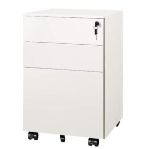 devaise locking file cabinet, 3 drawer rolling pedestal under desk office, fully assembled except casters, white