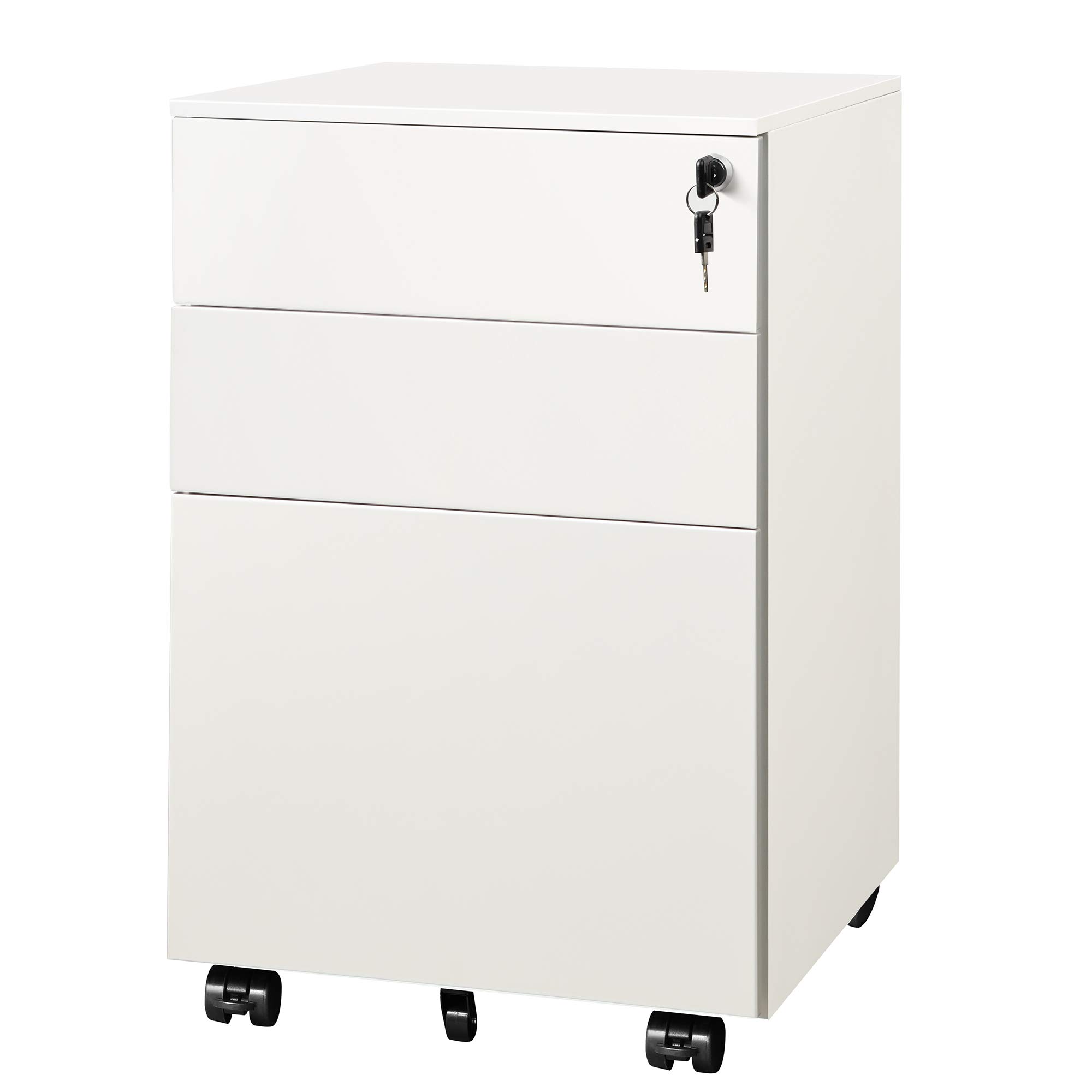 DEVAISE Locking File Cabinet, 3 Drawer Rolling Pedestal Under Desk Office, Fully Assembled Except Casters, White