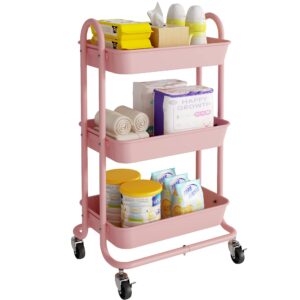 miocasa 3-tier metal utility rolling cart, heavy duty multifunction cart with lockable casters, easy to assemble, suitable for office, bathroom, kitchen, garden (pink) (metal&plastic&pink)