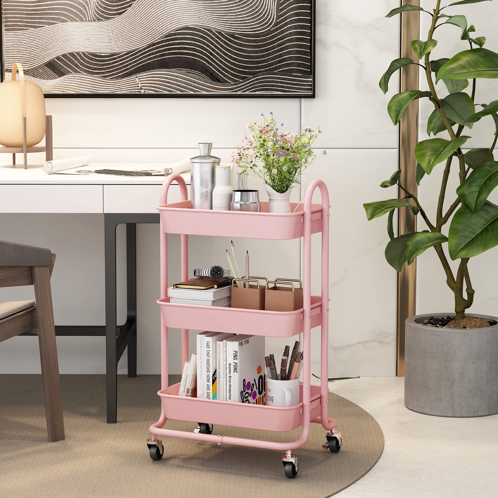 MIOCASA 3-Tier Metal Utility Rolling Cart, Heavy Duty Multifunction Cart with Lockable Casters, Easy to Assemble, Suitable for Office, Bathroom, Kitchen, Garden (Pink) (Metal&Plastic&Pink)