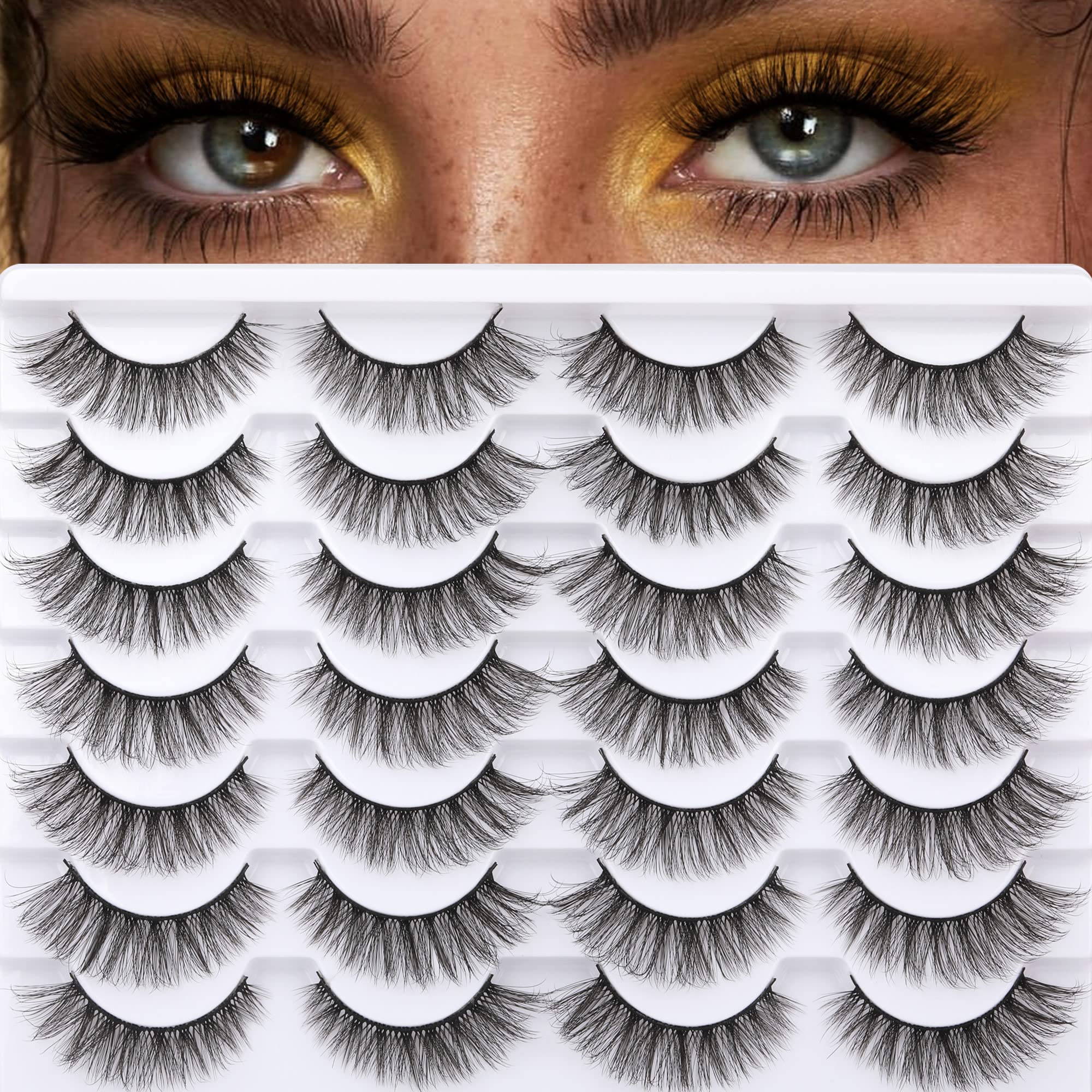 Newcally Lashes Mink Natural Look Cat Eye Wispy False Eyelashes Fluffy Volume Long Fake Eye Lashes Pack 3D Strip Faux Mink Eyelashes 14 Pairs