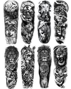 padoun animal temporary tattoo sleeve, 8-sheet large temporary tattoos women full sleeve temporary tattoos, wolf lion tiger tattoos for adults men waterproof black