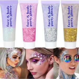 4 Colors Body Glitter Gel,Face Glitter Body Gel Singer Concerts Makeup,Sparkling Holographic Gel Long Lasting Chunky Sequins Glitters for Eye Lip Hair Nails,Festival Rave Accessories Halloween Makeup