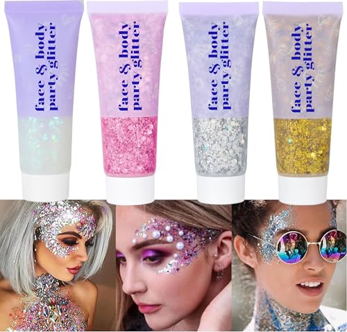 4 Colors Body Glitter Gel,Face Glitter Body Gel Singer Concerts Makeup,Sparkling Holographic Gel Long Lasting Chunky Sequins Glitters for Eye Lip Hair Nails,Festival Rave Accessories Halloween Makeup