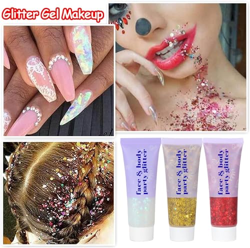 4 Colors Body Glitter Gel,Face Glitter Body Gel Singer Concerts Makeup,Sparkling Holographic Gel Long Lasting Chunky Sequins Glitters for Eye Lip Hair Nails,Festival Rave Accessories Halloween Makeup