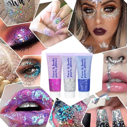 4 Colors Body Glitter Gel,Face Glitter Body Gel Singer Concerts Makeup,Sparkling Holographic Gel Long Lasting Chunky Sequins Glitters for Eye Lip Hair Nails,Festival Rave Accessories Halloween Makeup