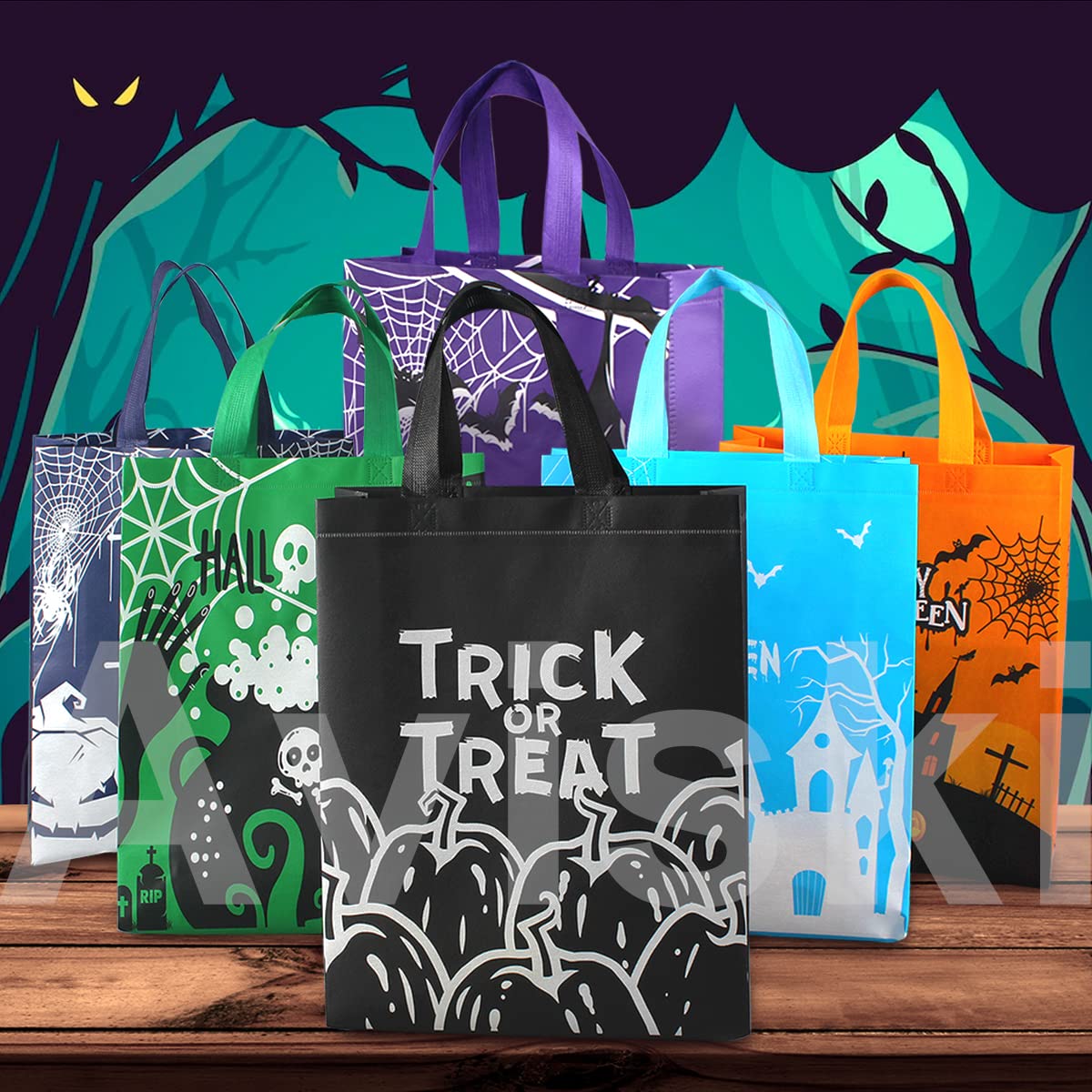 Aviski 6PCS Halloween Trick or Treat Bags, Halloween Tote Bags with Handles, Large Gift Bags, Multifunctional Non-Woven Bags for Gifts Wrapping, Halloween Party Supplies, 15×11.8×3.9“