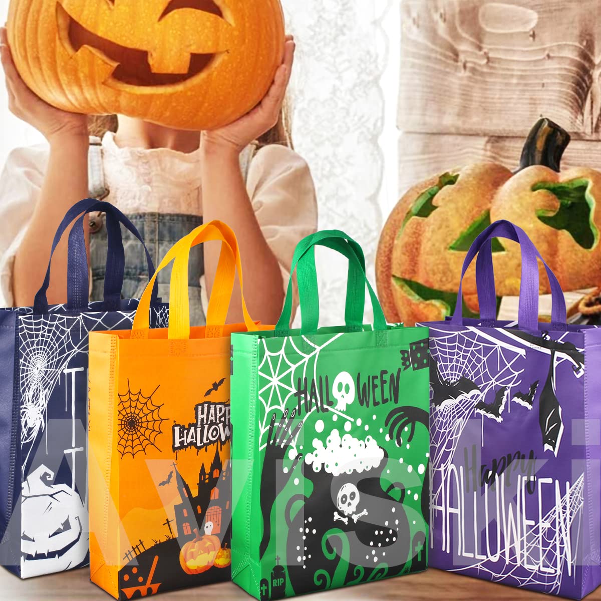 Aviski 6PCS Halloween Trick or Treat Bags, Halloween Tote Bags with Handles, Large Gift Bags, Multifunctional Non-Woven Bags for Gifts Wrapping, Halloween Party Supplies, 15×11.8×3.9“