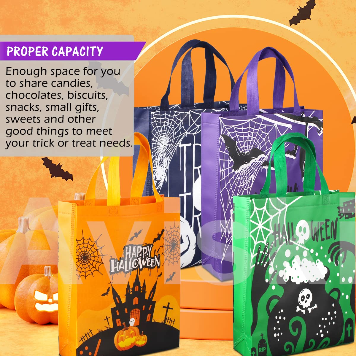 Aviski 6PCS Halloween Trick or Treat Bags, Halloween Tote Bags with Handles, Large Gift Bags, Multifunctional Non-Woven Bags for Gifts Wrapping, Halloween Party Supplies, 15×11.8×3.9“