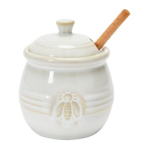 creative co-op farmhouse embossed stoneware honey pot with wood honey dipper, white
