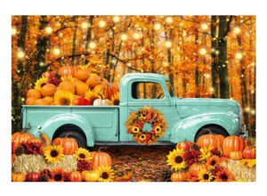 funnytree 82" x 59" autumn forest blue truck backdrop for portrait photography picture fall harvest pumpkin farm thanksgiving day baby shower friendsgiving party supplies decoration banner background