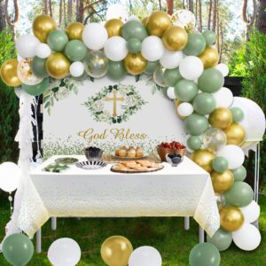 Winrayk Baptism Decorations for Boys Girls First Communion Decorations Mi Bautizo Christening, Sage Green Balloons Arch & God Bless Backdrop Tablecloth, Kids Adult Confirmation Decorations Supplies