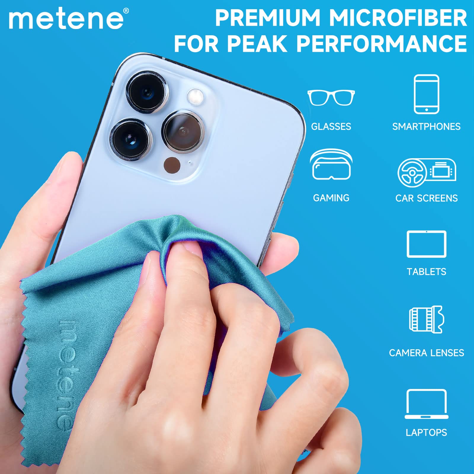 Metene 15 Pack Microfiber Cleaning Cloths (6"x7") in Individual Vinyl Pouches | Glasses Cleaning Cloth for Eyeglasses, Phone, Screens, Camera Lens and Other Delicate Surfaces Cleaner (Blue)