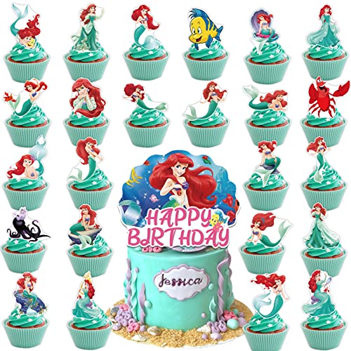 25Pcs Little Mermaid Ariel Party Cake Decorations, Cute Little Mermaid Ariel Birthday Cupcake Toppers Cartoon Mermaid Ariel Themed Party Favors for Boys and Girls Birthday Party Decorations