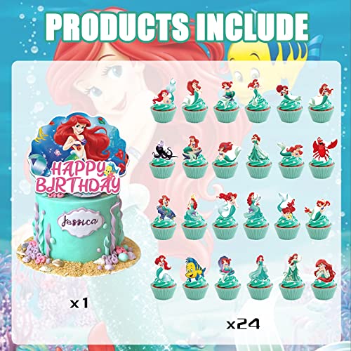 25Pcs Little Mermaid Ariel Party Cake Decorations, Cute Little Mermaid Ariel Birthday Cupcake Toppers Cartoon Mermaid Ariel Themed Party Favors for Boys and Girls Birthday Party Decorations